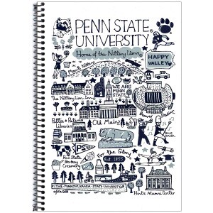 white spiral bound journal with Julia Gash illustrated navy and gray Penn State University scenes and phrases